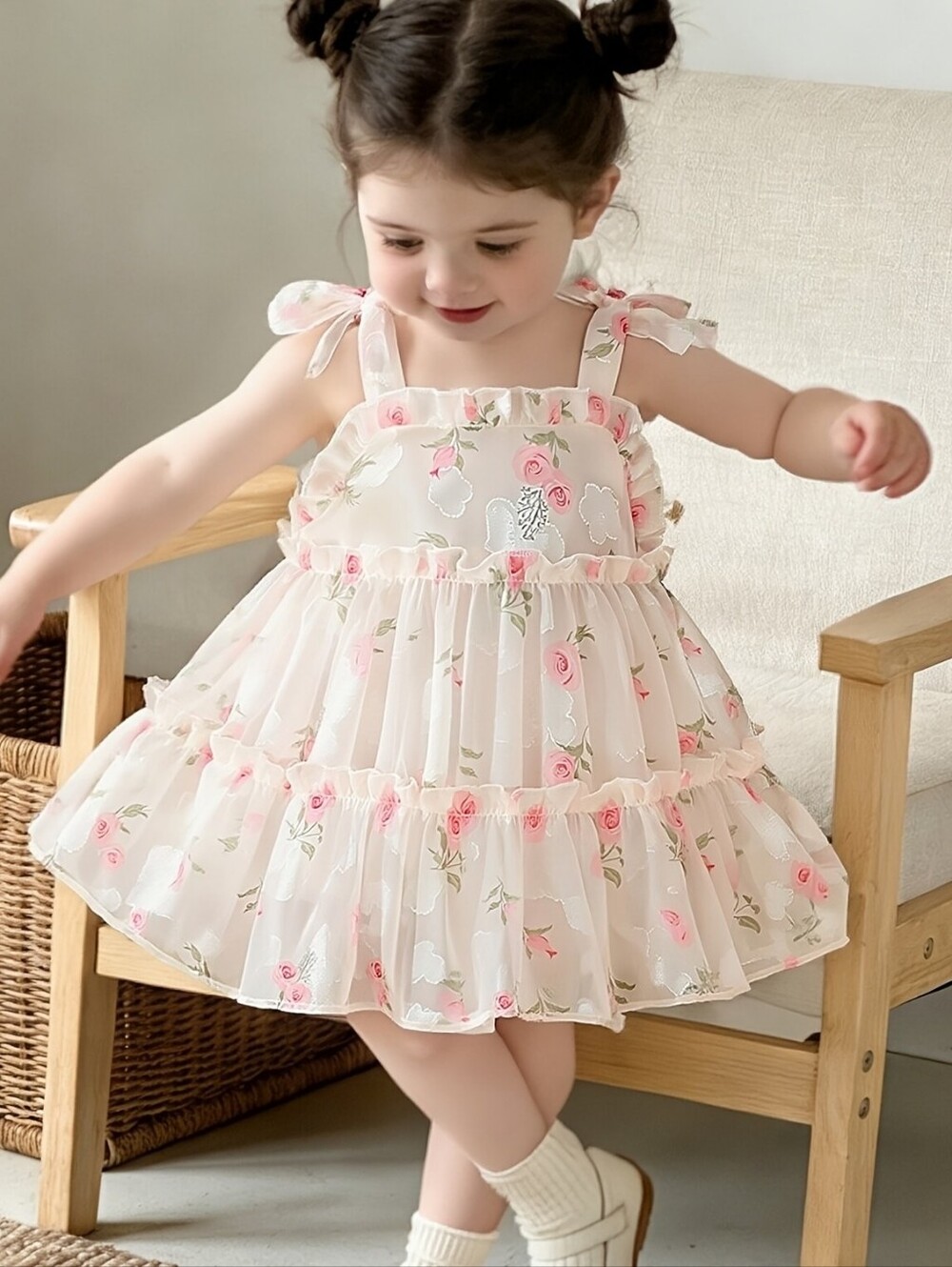 Floral Ruffled Bow Straps Dress for Kids Size 18-24 Months
